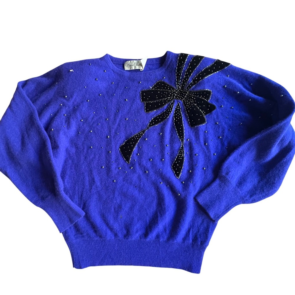 VTG Marisa Christina Y2K Blue-Purple Angora/Wool Blend Velvet Bow Sweater Sz MED